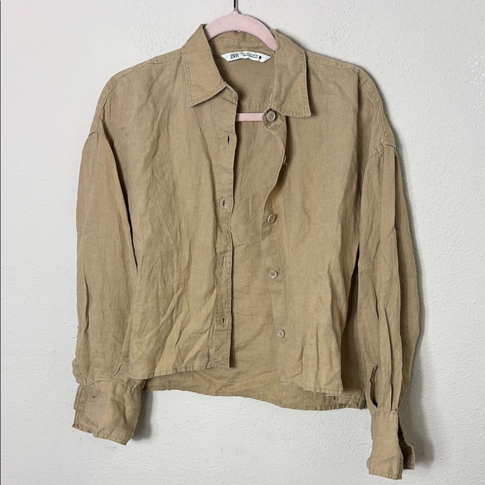 Zara 100% linen Button Down Shirt Tan Size Medium Casual - Picture 3 of 10